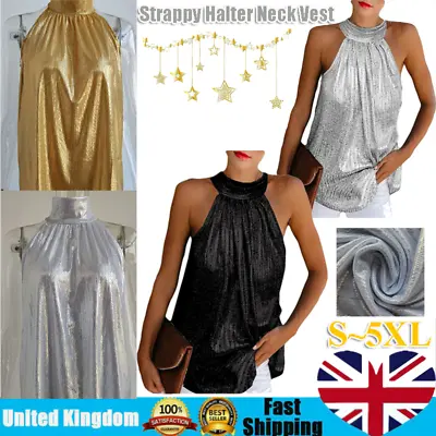 Strappy Halter Neck Vest Evening Party Top Ladies Glitter Sleeveless Blouse 5XL • £11.99