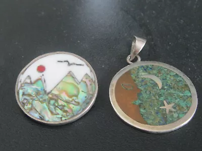 Vintage Mexico Sterling  Abalone Inlay Moon And Mountains Lot Of Two • $18.50