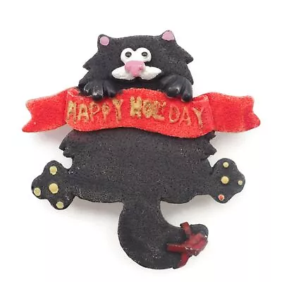 Vintage Resin Black Cat Hanging Onto A Red Happy Holidays Banner Fashion Brooch • $14.99