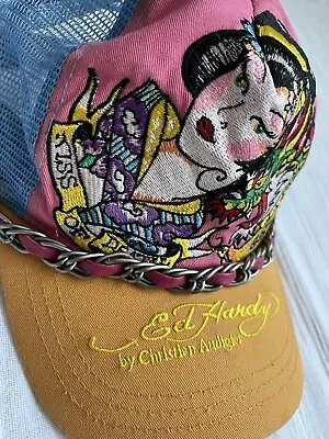 Ed Hardy Mesh Trucker Hat Tokyo Geisha Embroidered Baseball Cap With Chain • $19.99