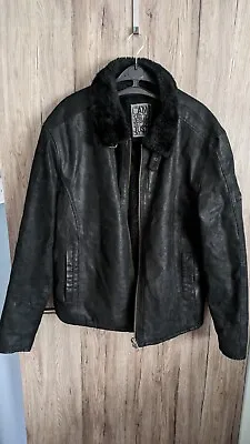 C&A Black Real Leather Faux Fur Men's Aviator Jacket Warm Winter Size XL • £23.50