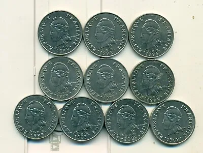 10 - 20 FRANC COINS From FRENCH POLYNESIA (1969/72/79/83/88/92/96/98/99/2003) • $6.50