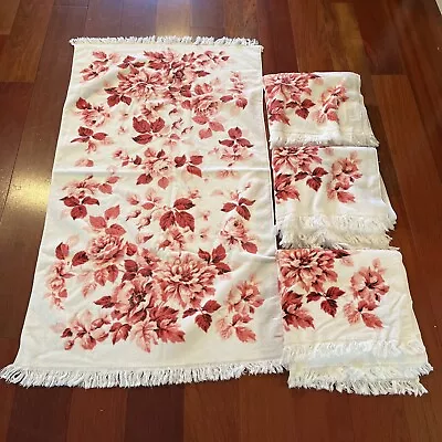 4 Vintage 1970s Fieldcrest Pink & White Red Floral Fringe Bath Towels 48”x24” • $0.99