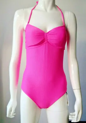 Bright Pink Textured Open Low Back Bandeau Swim Suit With Optional Halter Strap • $11.19