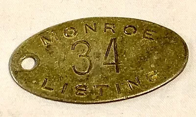 Vtg Brass Tool Check Tag Oval Monroe Listing # 34 Calculator Adding Machine $/Ea • $1.69