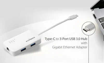 $19.99 • Buy USB-C 3-Port USB 3.0 Hub With Gigabit Ethernet Port Win10 MacOS Edimax EU-4308