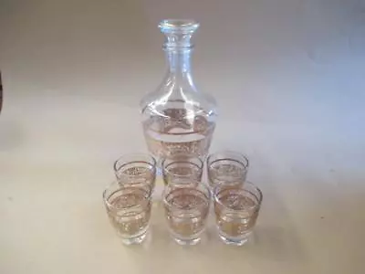 Decanter Set Sherry Whisky Shot Glasses Gilt Decoration Vintage • $50