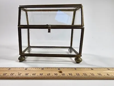 Vintage Glass Display Box Lid Hinged With Brass Ball Feet And Edges • $60