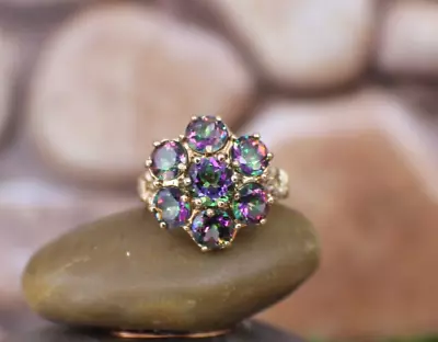 Solid 10K Yellow Gold Ring Mystic Topaz Halo Ring Sz 7.5 Flower Cluster Vintage • $262