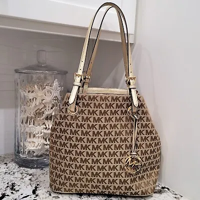 Michael Kors Jet Set Grab Bag Tote Monogram Logo Canvas Beige Gold Carried Once • $71.20