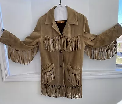 Vintage FRINGE LEATHER JACKET Size SMALL Sears Western Wear Zip Out Liner CLEAN • $169