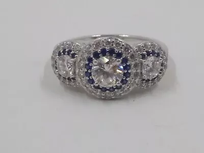 Epiphany Diamonique 3-Stone Simulated Sapphire & CZ Halo Ring Platinum Plated • $41.95