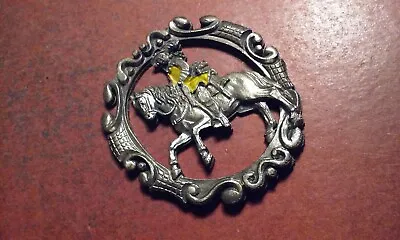 Mini Plaque Ornament Figure HORSE & OLD-TIME RIDER Oval Silver-Tone • $7