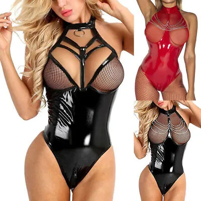 £2.89 • Buy Sexy Lingerie Women PVC Faux Leather Shiny Wet Look Bodysuit Underwear Sleepwear