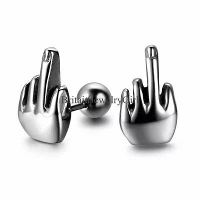 Punk 2pcs Men Women Middle Finger Ear Stud Earrings Stainless Steel Pierced • $8.99