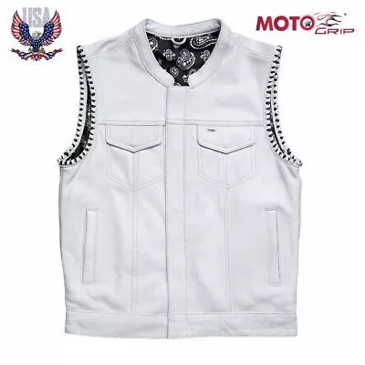 MG Men's White Leather Vest W/Black Paisley Lining & Thread Concealed Waistcoat • $97.84