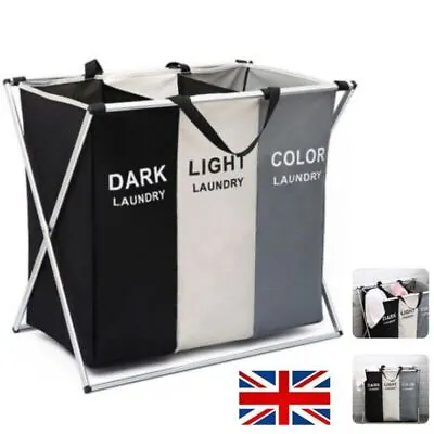 Laundry Basket Hamper Clothes Bin Organiser Folding Light Dark Colour 3 Section • £11.39