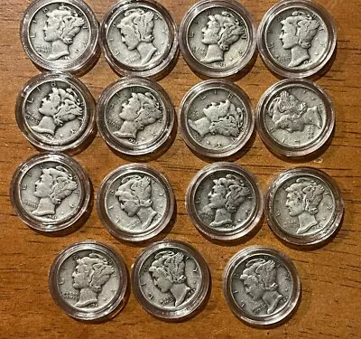 Lot Of 15 Silver US Mercury Dimes Mixed Full Dates In Capsules • $72.50