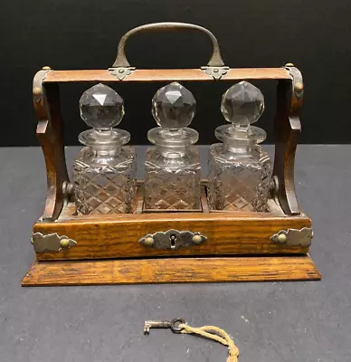 Miniature Tantalus Excelsior Antique Oak & Brass 3 Glass Bottles 19th Century • $595