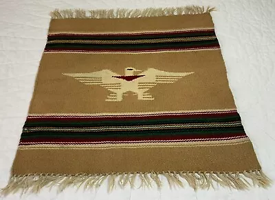 Antique Mexican Serape Rug/Mat Bird & Woven Stripes Fringe Wool Beige Multi • $26