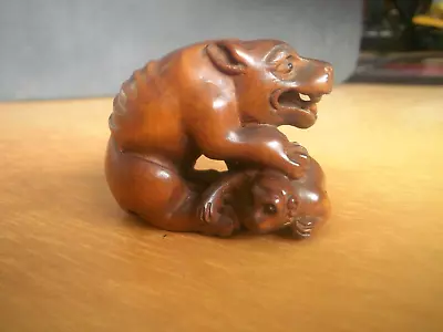 £24.99 • Buy Hand Carved Wood Netsuke Of A Wolf Caught A Monkey Boxwood Collectable Figure