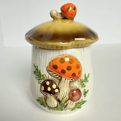 Vtg 1970s Merry Mushroom 6” Cookie Jar Canister W/ Lid Sears Retro *DAMAGED* • $16.50