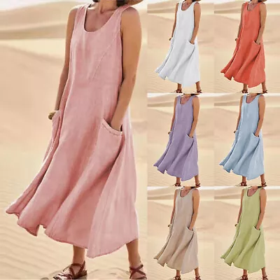 Women Cotton Linen Sleeveless Dress Ladies Summer Kaftan Maxi Sundress Size 6-18 • £13.49