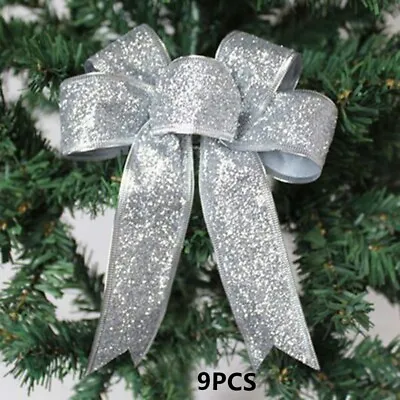 9PCS /Set   Sparkling Tinsel Silver Bow Christmas Tree Baubles Decorations • $13.09