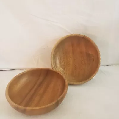 Vintage Wood Bowls Monkey Pod Salad Dish Hand Carved 5  Round Lot Of 2 • $10