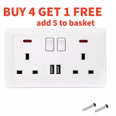 UK Double Gang Wall Socket 13A With USB Charger Ports Plug Switched Socket White • £7.99