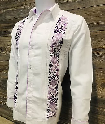 Mens Guayabera Wedding Dress Shirt White Linen Purple Flower Double Embroidery • $75