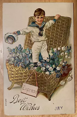 Vintage Victorian Postcard 1901-1910 Best Wishes- Sailor In Lily Of The Valley • $8