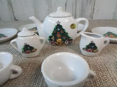 Vintage Christmas Mini China Tea Set Kids 17 Pcs Tea Pot Cups Saucers Teddy Bear • $19.33