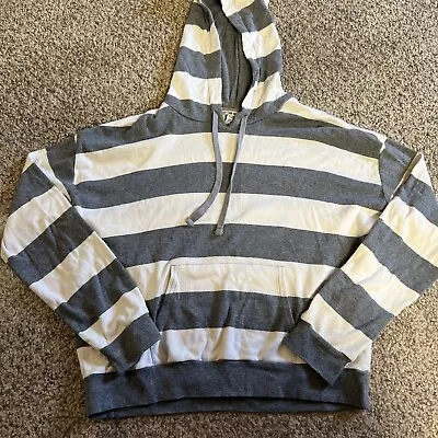 I Love H81 Women’s Size Large Gray & White Striped Hoodie Long Sleeves With Ties • $14.98