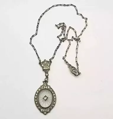 Antique 1920’s Art Deco Sterling Silver Camphor Glass Paste Pendant 16” Necklace • $79.99