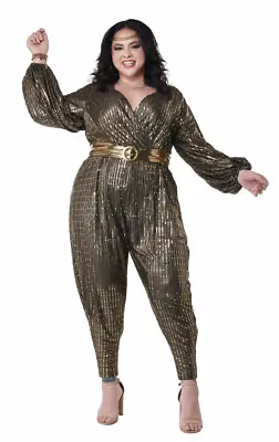 Womens Gold Disco Queen ABBA Party Jumpsuit Costume Plus Size • £62.99