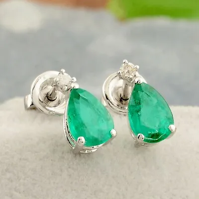 Zambian Pear Emerald SI/H Diamond Earrings 10k White Gold Birthday Gift 1.51 Ct • $286.20