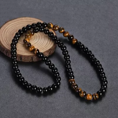 Mens Beads Necklace Black Obsidian Tiger Eye Stone Healing Chakra Necklace 24'' • $10.44