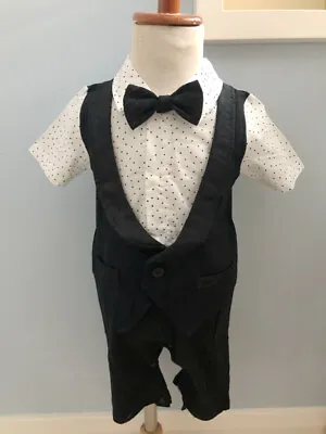 Baby Boy Toddler Bow Tie Tuxedo All-in-one Bodysuit Wedding Outfit Romper 6m-2y • £9.99