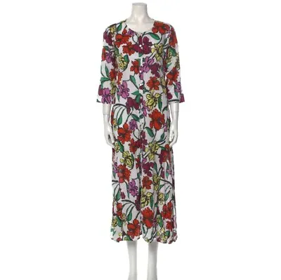 Roller Rabbit M White Red Green Tropical Floral Button Front Maxi Cover Up Dress • $49.99