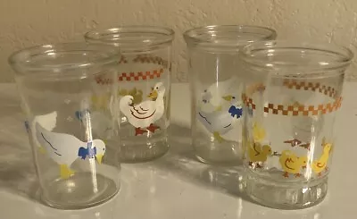 LOT BAMA Jelly Jar White Ducks Chicks  Geese Blue Bows Juice Glasses Vintage 4  • $19.99