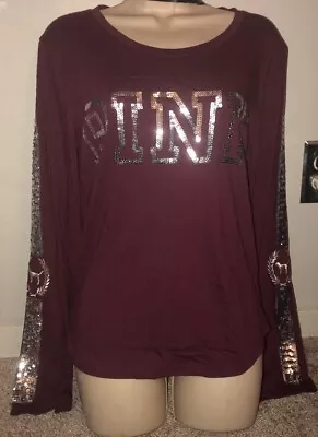 Maroon Sequin Bling Logo Front Shirt Victorias Secret PINK Size Med  • $2.25