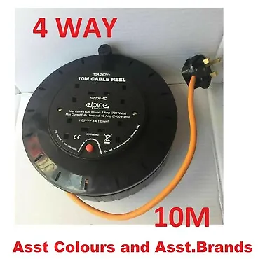 Asst.Colours & Brands 4 Way 10M Cable Reel Wire Extension Lead Outdoor 4 Socket • £15.99