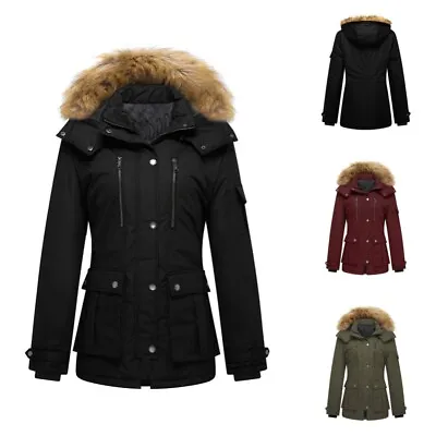 Women Faux Fur Fluffy Parka Coat Winter Warm Hooded Cargo Jacket Trench Overcoat • £16.79