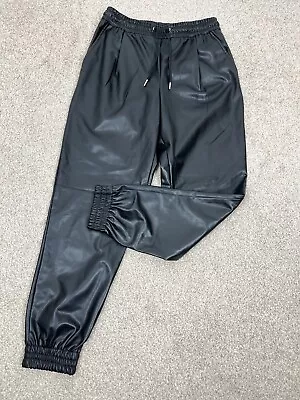 ZARA Black Faux Leather Cuff Leg Jogger High Waist Pants Trousers XS 6-8 • £15.99