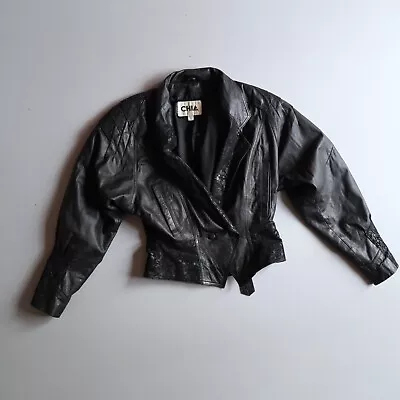 Vtg 80s CHIA Jacket Women Medium Black Leather Crop Biker Bomber Punk 1980s • $100