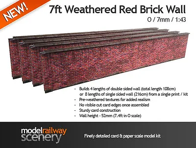 7ft RED BRICK WALL PRE-CUT CARD KIT- O GAUGE / O SCALE MODEL RAILWAYS 7mm 1:43 • £12.93