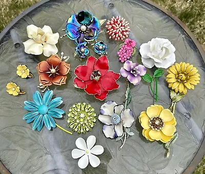 Vintage Lot Of 14 Enamel Flower Power Brooch Pins & 2 Pair Earrings Rhinestones • $46