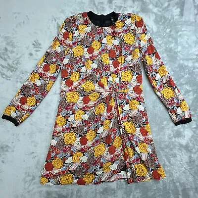 Zara Trf Clothing Co Dress Sz M Multi Color Floral Long Sleeve Crew Neck Pleated • $24.99