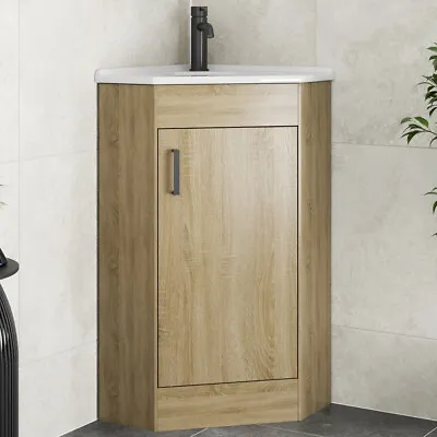Bathroom Single Door Corner Vanity Unit Basin 1 Tap Hole Freestanding 585mm Oak • £149.99